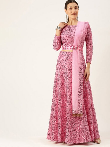 one shoulder top with attached dupatta and lehenga - Curious Village