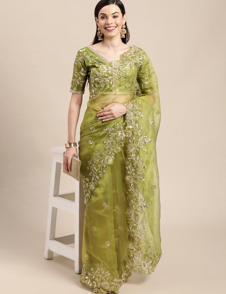 parrot green hand work cut work and digital print organza saree at Rs  2200/piece | Organza Saree in Surat | ID: 27123776848