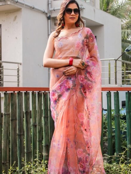 Buy Nupur Collection Women onion Pink Floral Hand Printed Organza Saree  with Cutwork Embellish Border Online at Best Prices in India - JioMart.