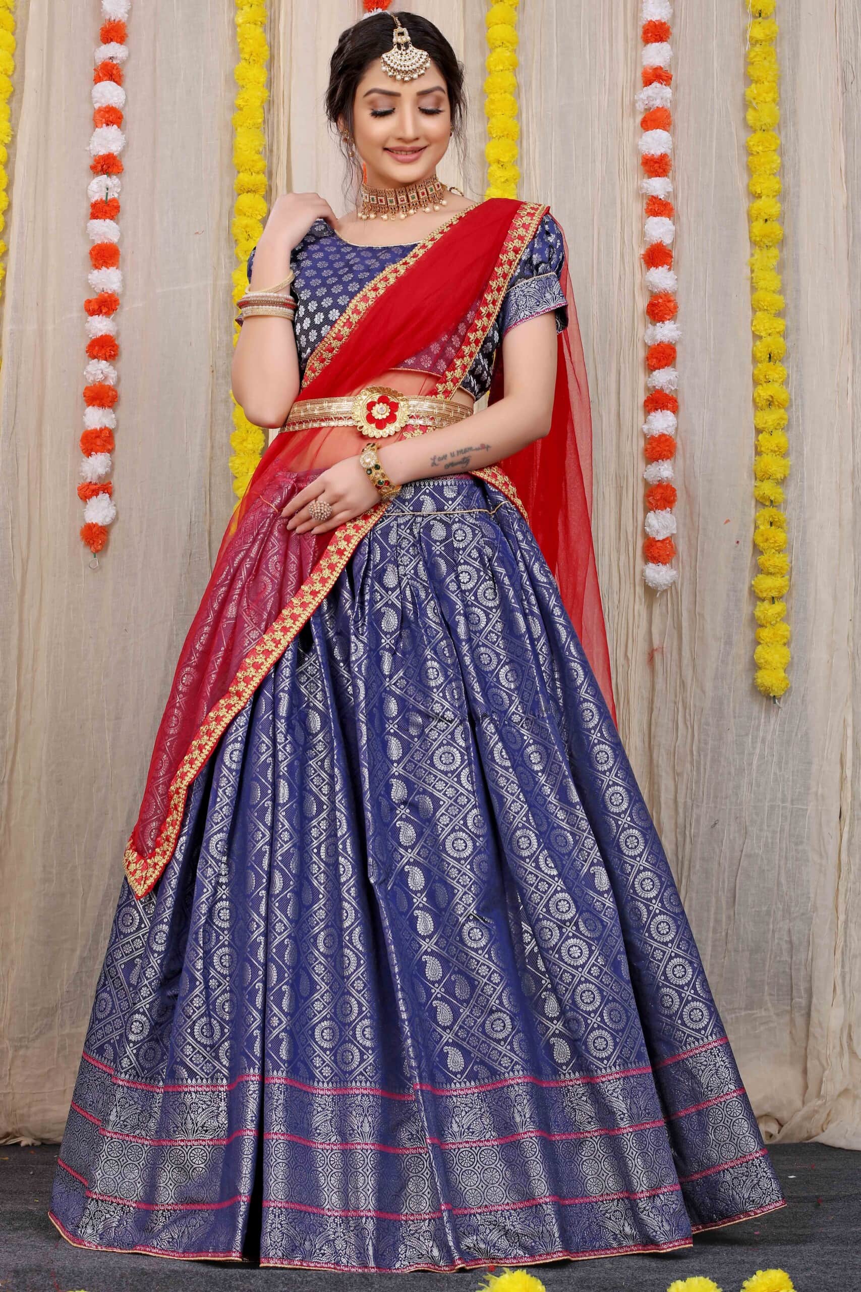 Buy Navy Blue Raw Silk Lehenga with Hand Embroidery by Designer JAYANTI  REDDY Online at Ogaan.com