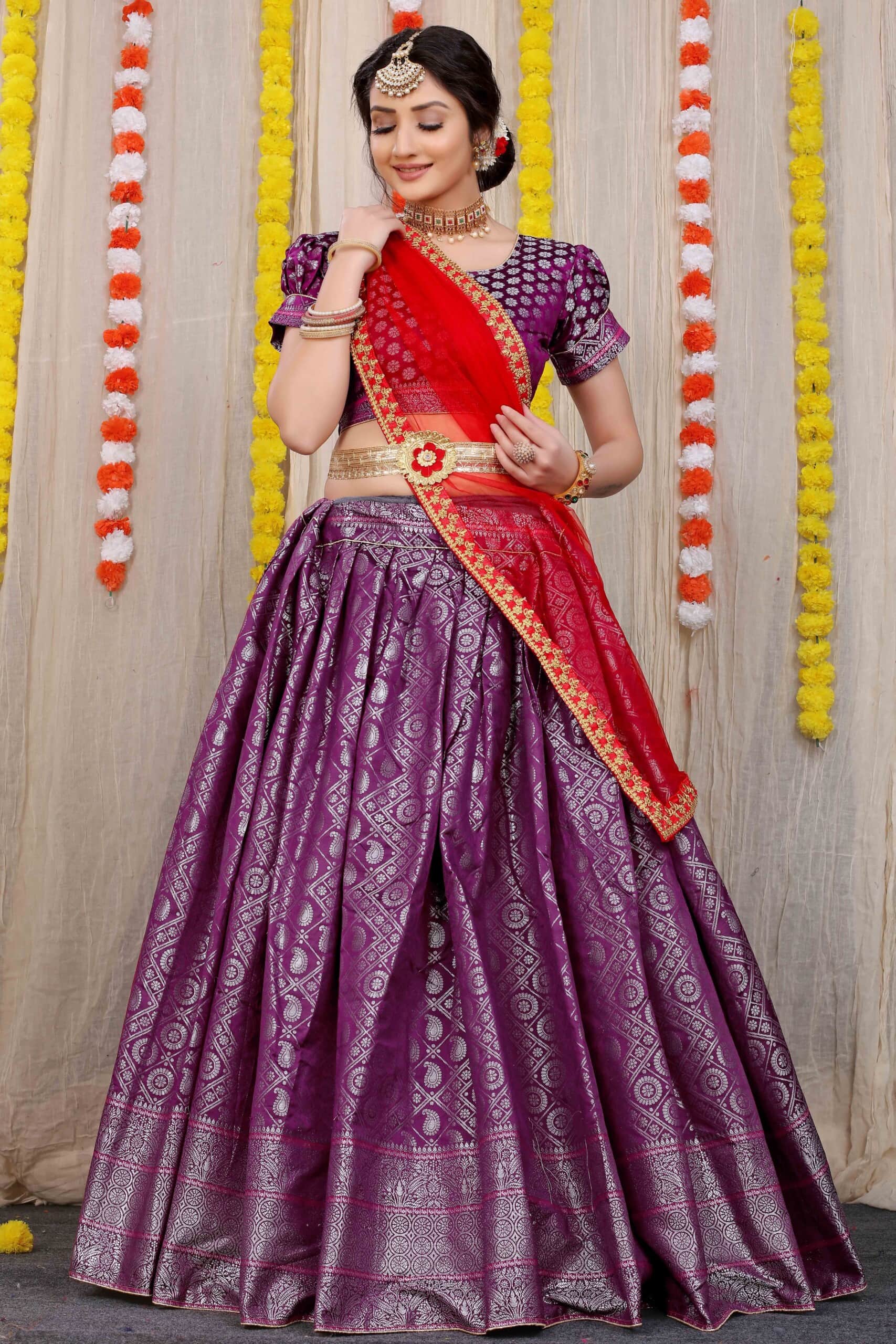 Raw silk Party Lehenga Choli with Embroidered in Purple - LC4704
