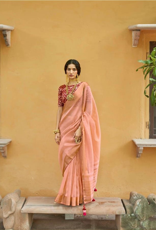 Light Peach Pink Jamawar Woven Cotton Silk Saree – Ethnos