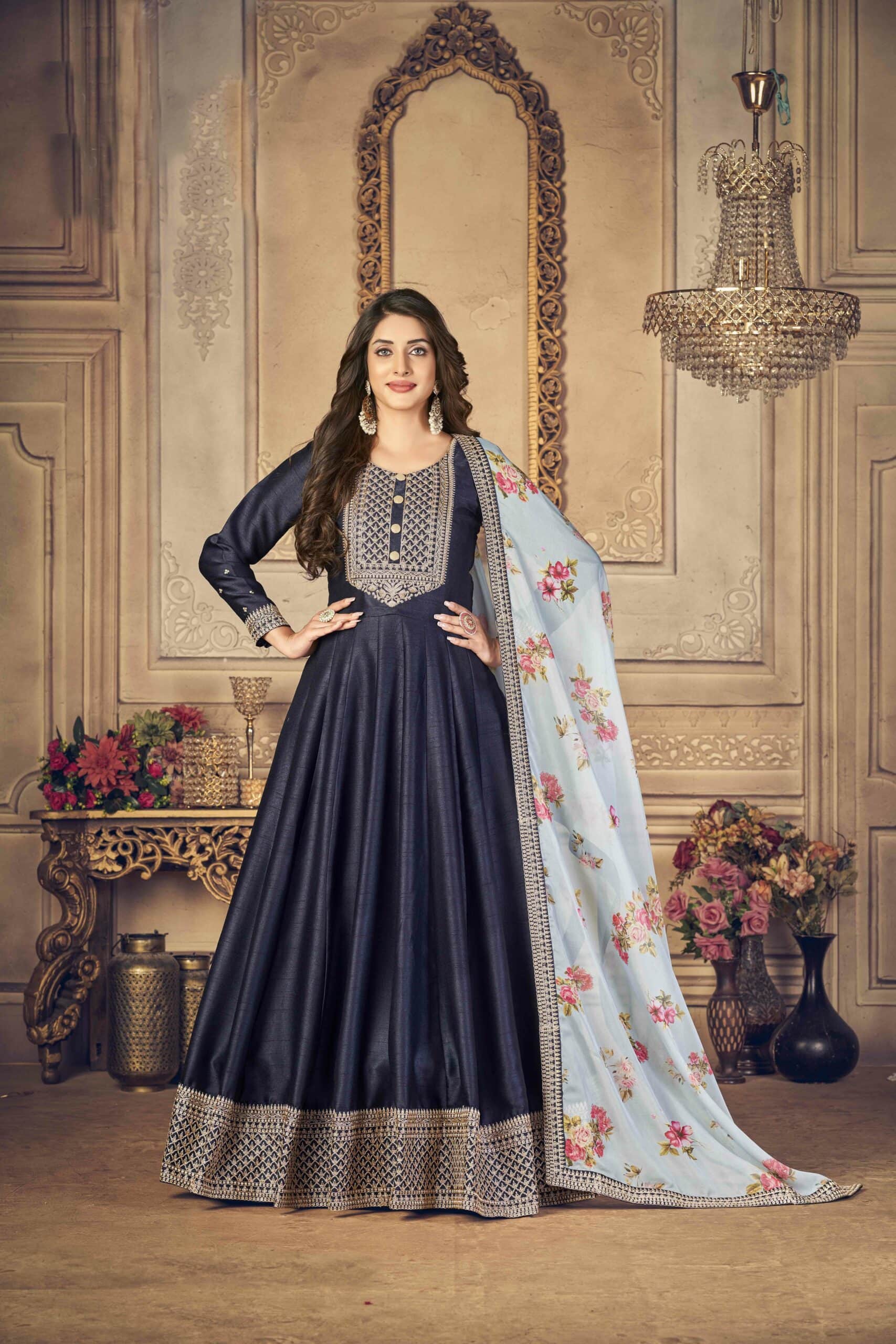 Navy Blue Color Gleaming Sequins Work Anarkali Suit In Net Fabric