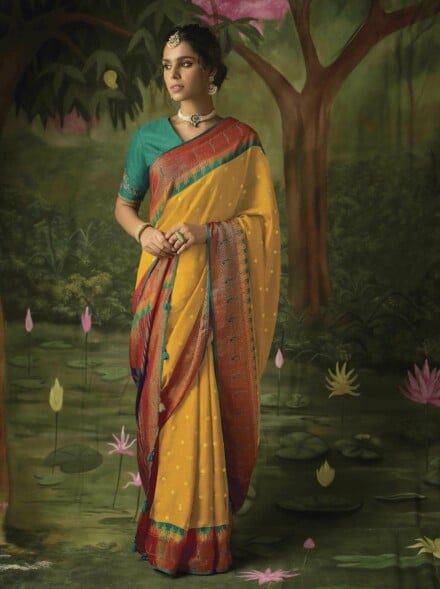 Vishal Prints Dark Yellow Brasso Saree With Foil Print And Zari Border
