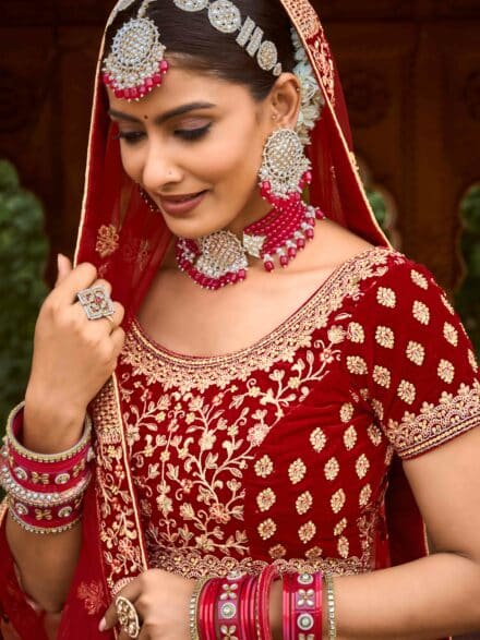 Ruby Red Designer Heavy Embroidered Bridal Lehenga | Saira's Boutique