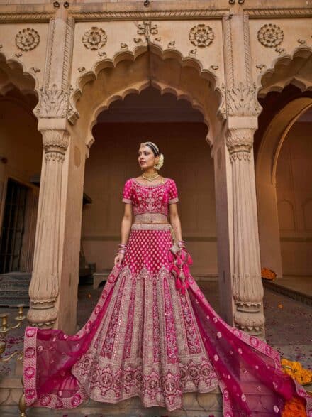 Buy Rani Pink Embroidered Velvet Wear Lehenga Choli From Ethnic Plus.
