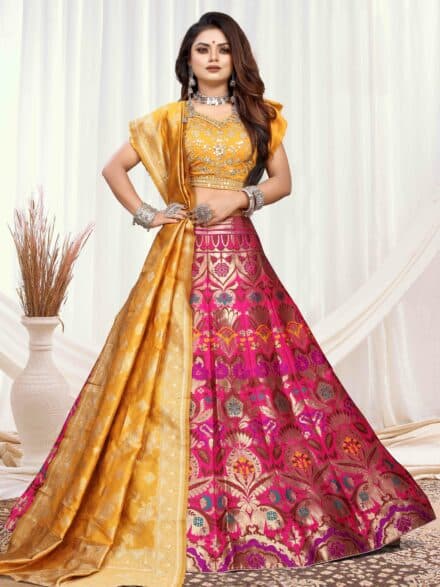 Buy HALFSAREE STUDIO Pink Latest Banarasi Lehenga with Double Dupatta  Online at Best Prices in India - JioMart.