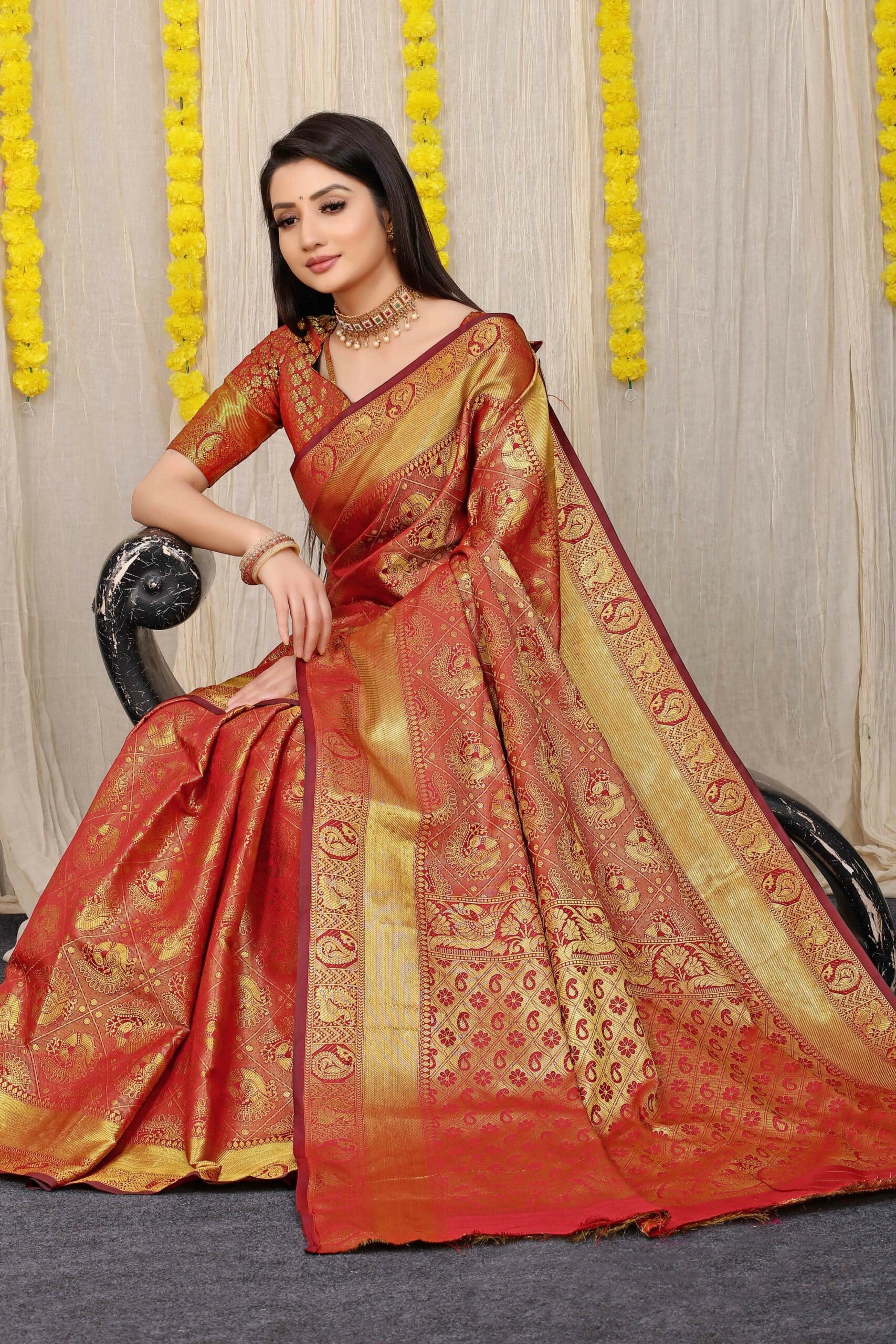 Shop Stunning Red Tussar Silk Saree Online in USA |Golden Zari Border –  Pure Elegance