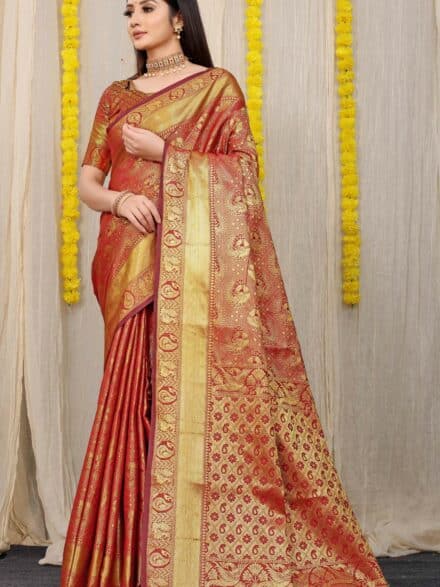 Vishal Prints Cherry And Dark Red Chiffon Saree With Jari Border