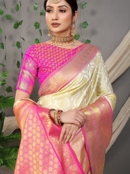 Shop Hand Embroidery Cream With Rani Pink Color Art Silk Saree Festive Wear  Online at Best Price | Cbazaar