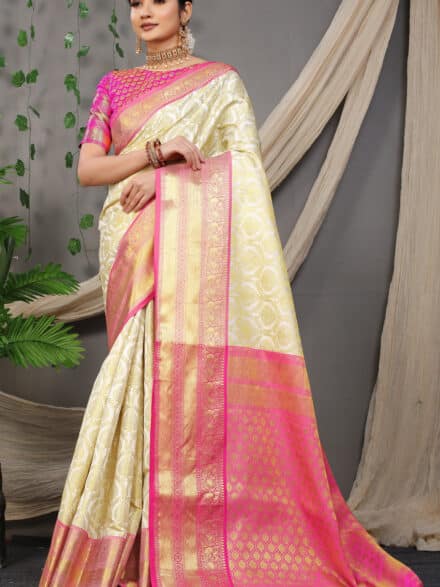 Buy Saree Weaving Banarasi Silk in Cream Online -