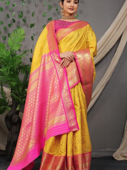 Pastel Pink and Yellow Cotton Silk Saree with Muslin Aanchal | bongchong