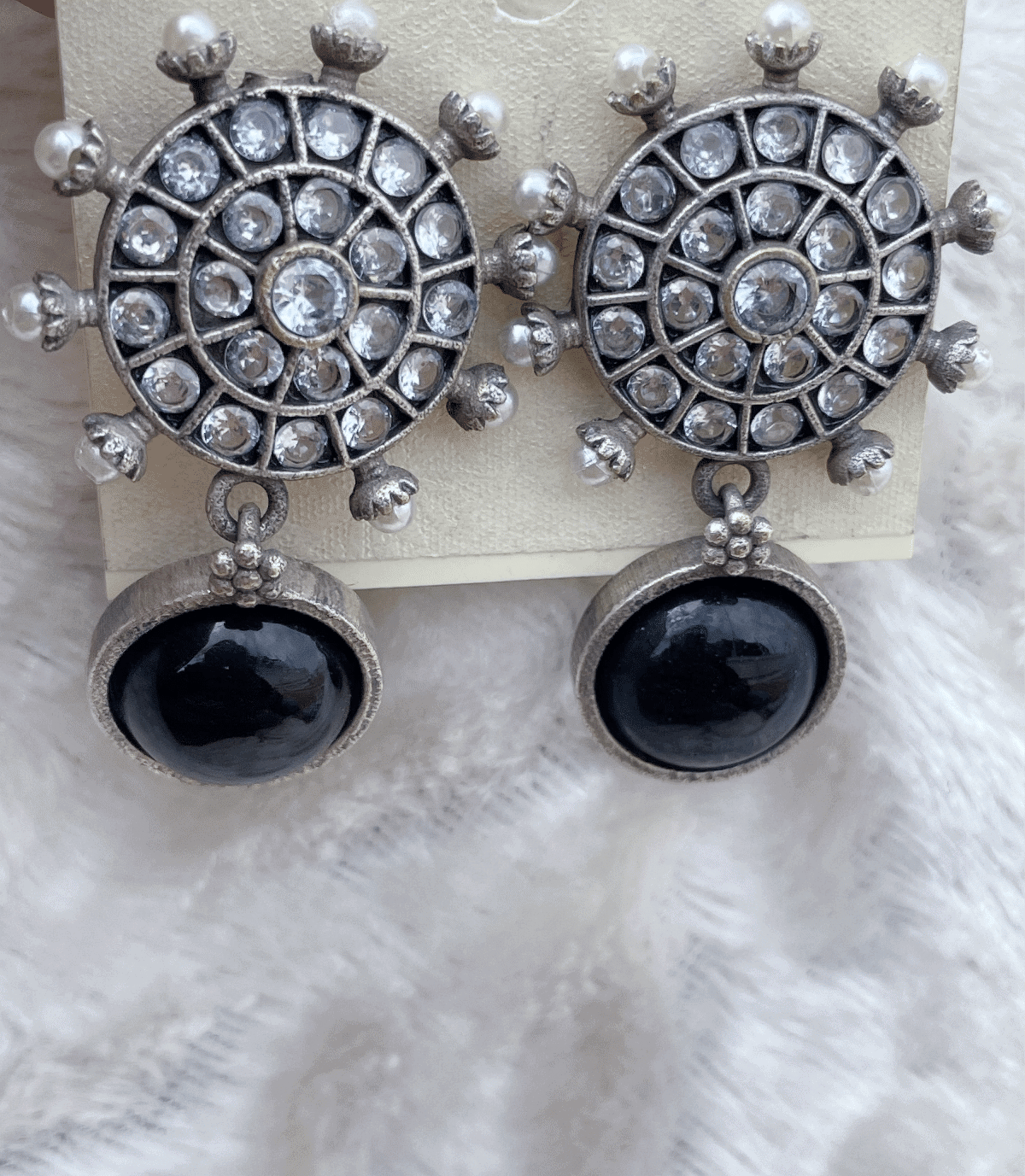 Buy Small Charming Oxidised Earrings With Black Beads