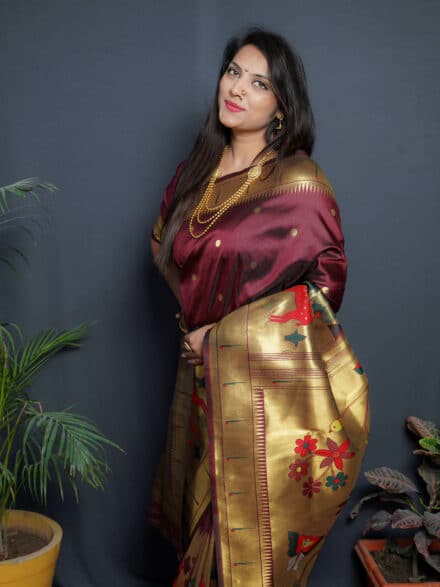 Sarees | Maroon paithani Saree with ready blouse | Freeup