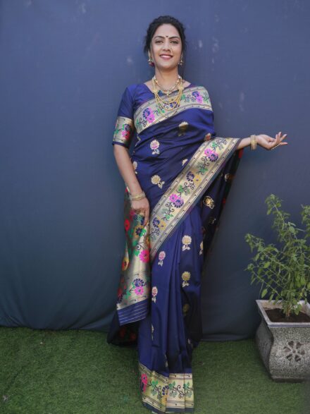 Navy Blue Printed Saree With Blouse 5656SR06