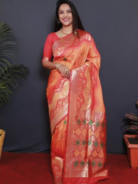 Woven Satin Saree in Pink and Orange : SYC11002