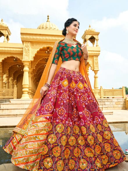 Banarasi Silk Wedding Lehenga in Green With Moti & Gota Patti work - Lehenga