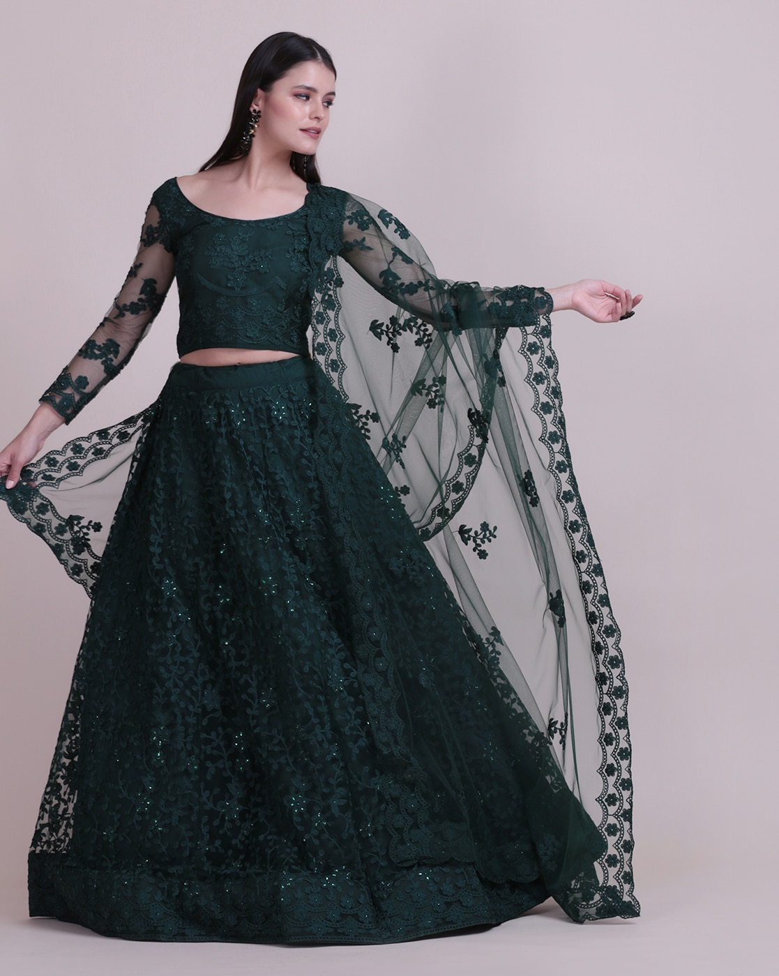 Buy Bottle Green Sleeveless Lehenga Choli & Peplum jacket with Embroidery  KALKI Fashion India