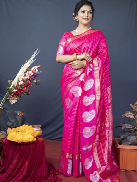 Chanderi Adda wedding wear pink and Rani pink color meenakari buta soft pattu  silk saree at Rs 12500 | Chanderi Silk Saree in Chanderi | ID: 25455265655