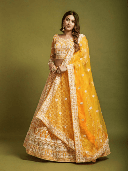 Buy Yellow Raw Silk Embroidered Floral Plunge V Neck Bridal Lehenga Set For  Women by Seema Gujral Online at Aza Fashions.