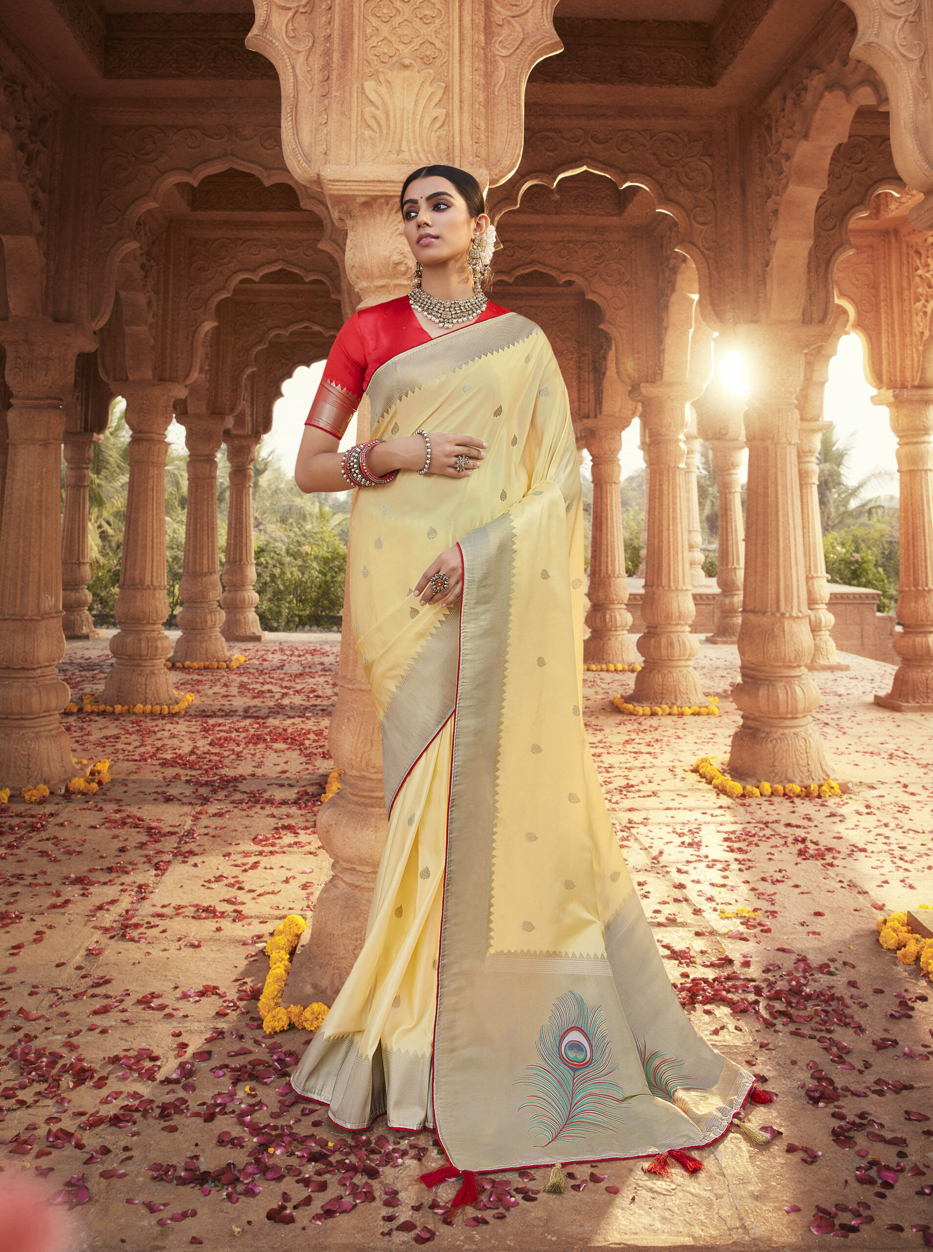 Lemon Yellow Woven Pure Dola Silk Saree with Designer Blue Blouse – Rushini