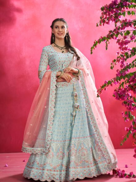 Buy Turquoise Blue Lehenga with an Orange Dupatta Set by NIDHI THOLIA at  Ogaan Online Shopping Site