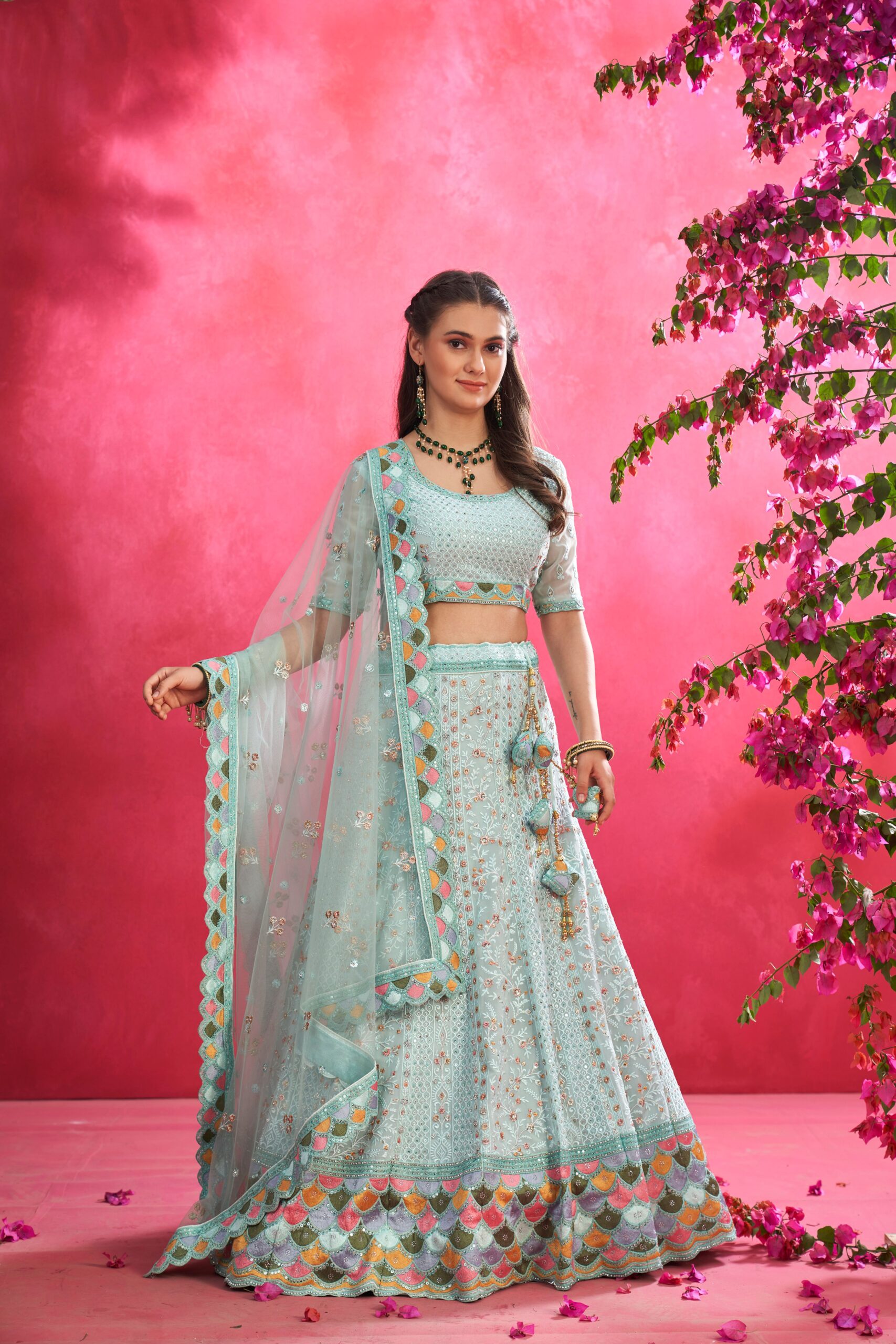 Blush Pink & Mint Blue Embroidered Bridal Lehenga Set Design by Mynah  Designs By Reynu Tandon at Pernia's Pop Up Shop 2024