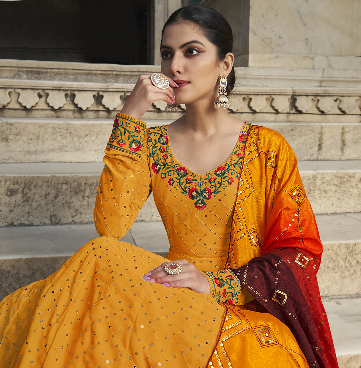 Chanderi readymade anarkali salwar suits mustard yellow with sequin wo –  Maatshi