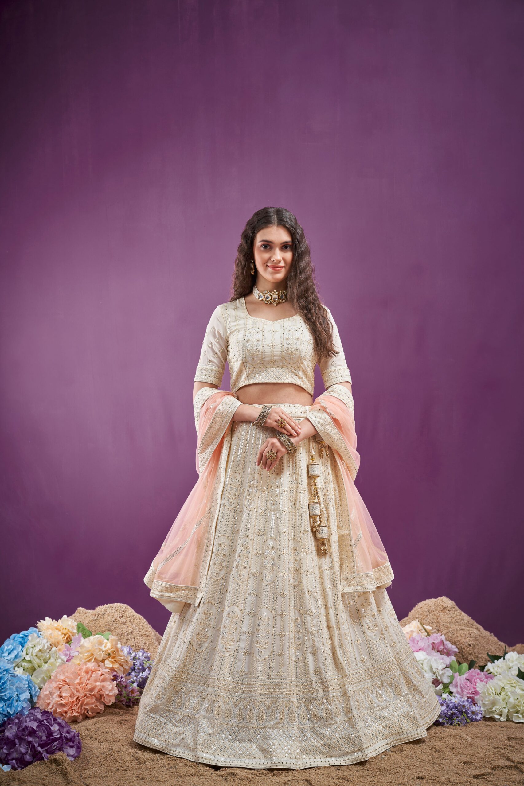 Cream Sequins Work Lehenga Choli Indian Party Wear Lengha Skirt Top Sari  Saree | eBay