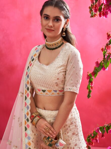 Baby Pink Embroidered Blouse with Lehenga – Megha and Jigar