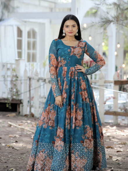 Floral Printed Zari Sequins Embroidered Georgette Anarkali Gown Maharani