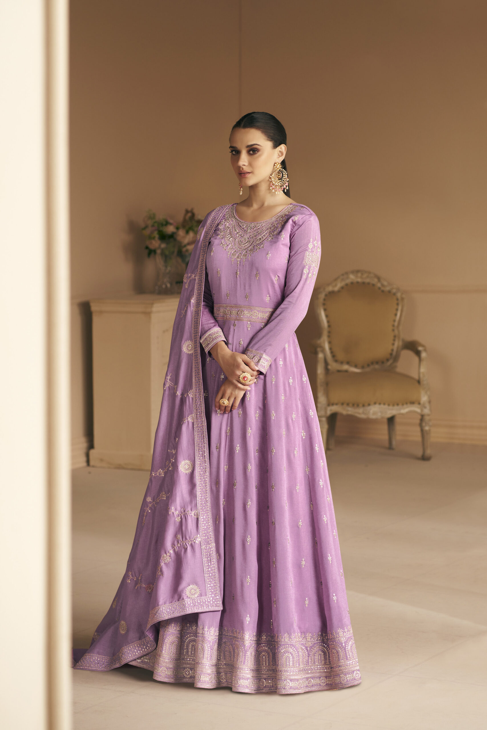 LAVENDER ANARKALI WITH ORGANZA KESAR DUPATTA