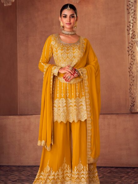 Yellow Hand Embroidered Georgette Palazzo Set Maharani