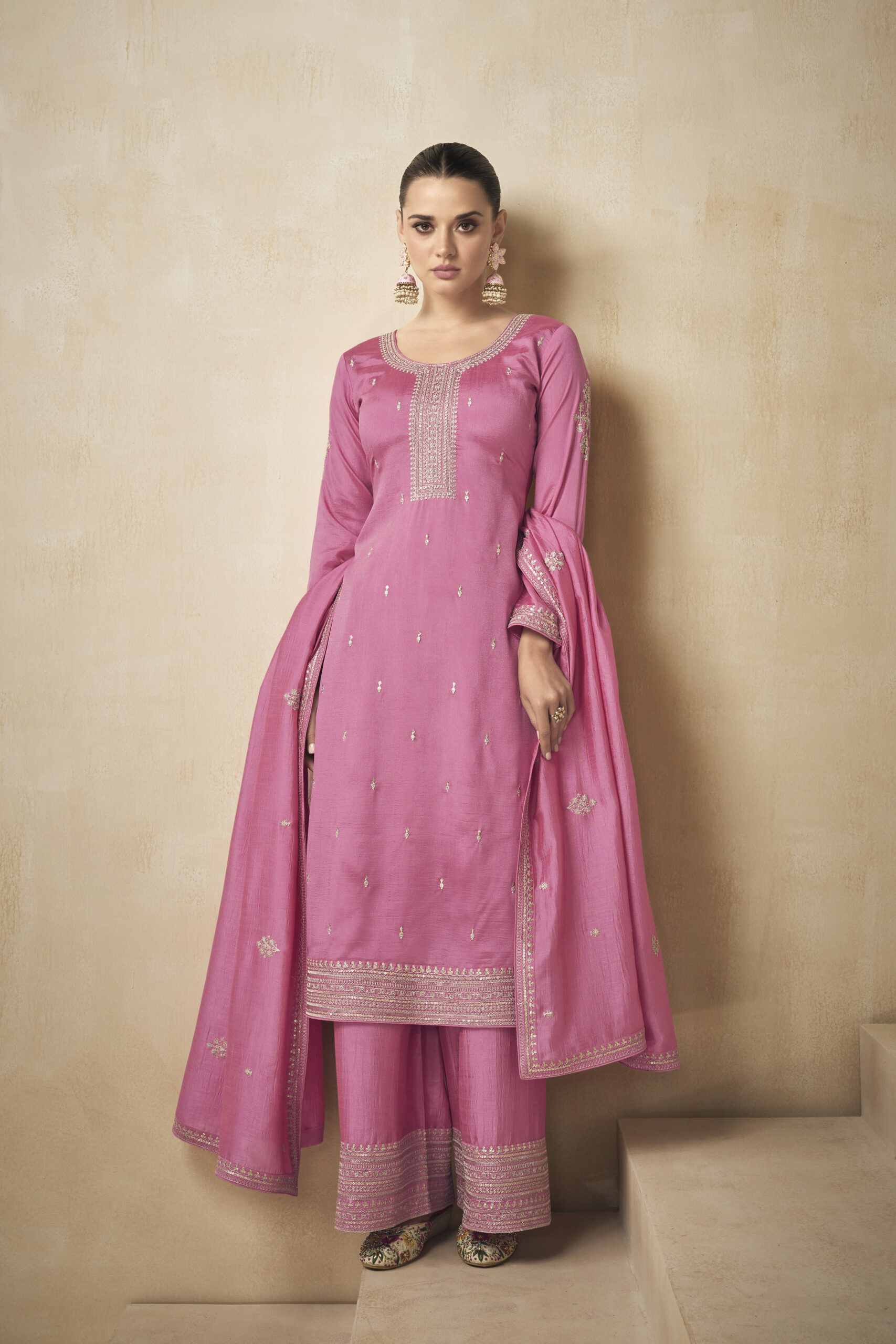 Pink Embroidered Silk Palazzo Salwar Set Maharani