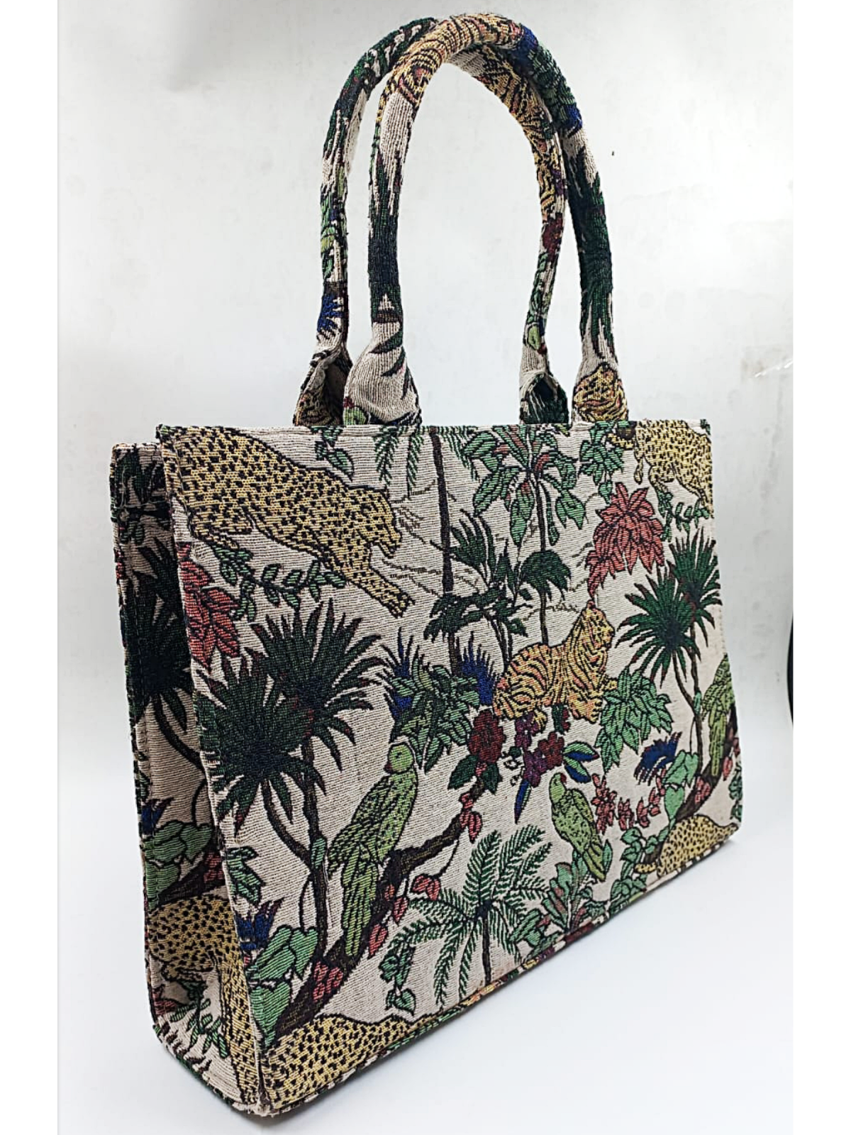 multicoloured jungle design large tote bag