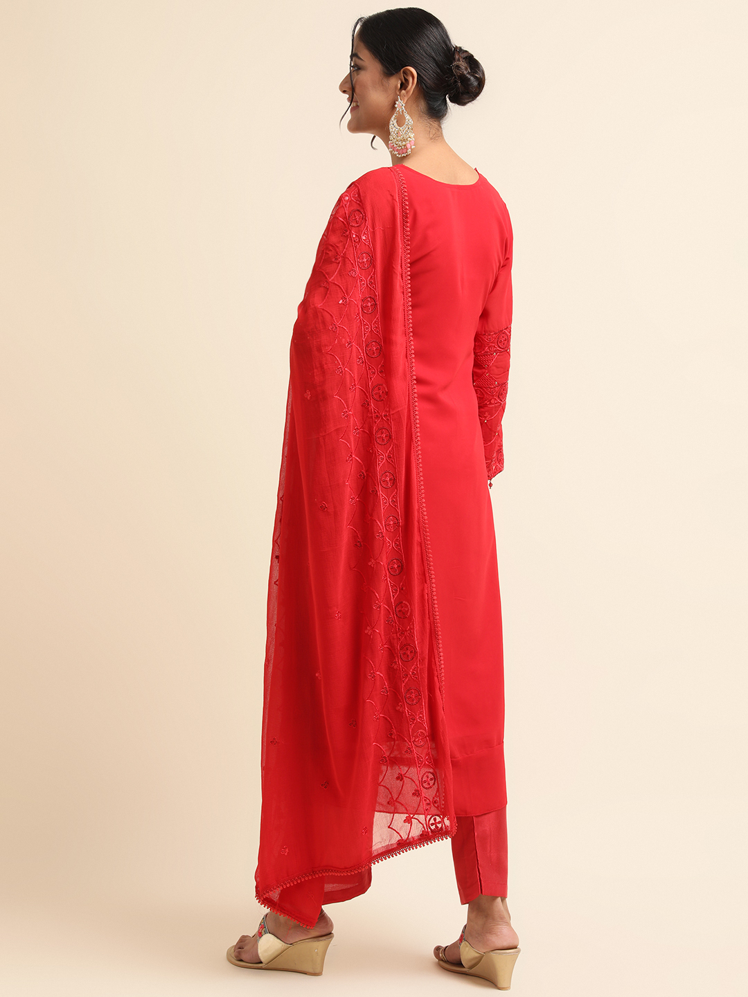 Red Embroidered Georgette Base Anarkali With Churidar And Dupatta