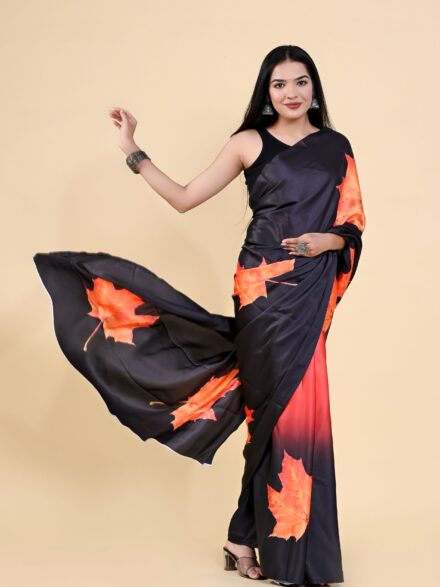 Buy Black-Orange Printed Fine Quality Georgette Saree (With Blouse) 16391 |  www.maanacreation.com