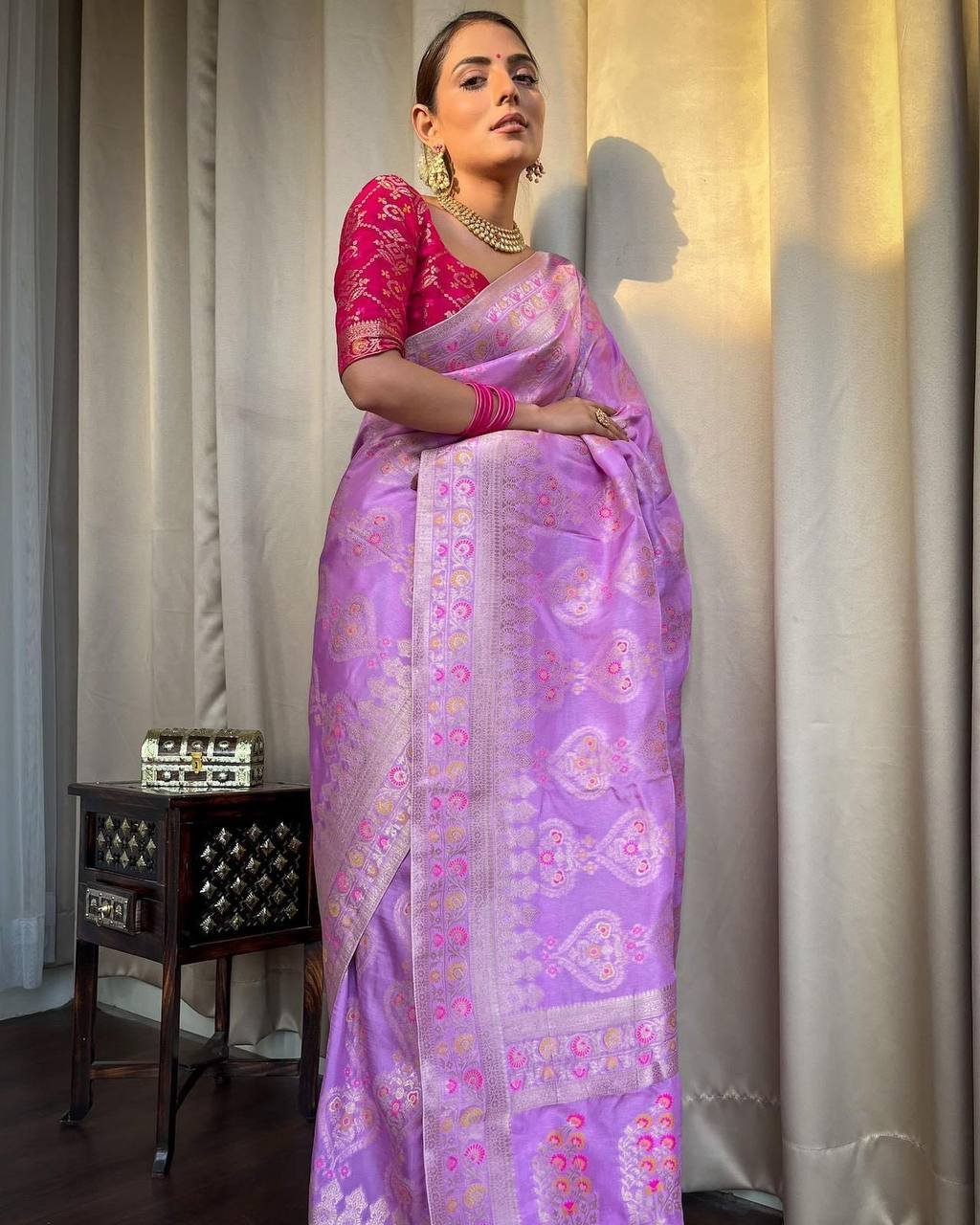 Light Purple Banarasi Silk Saree With Designer Blouse – STORI
