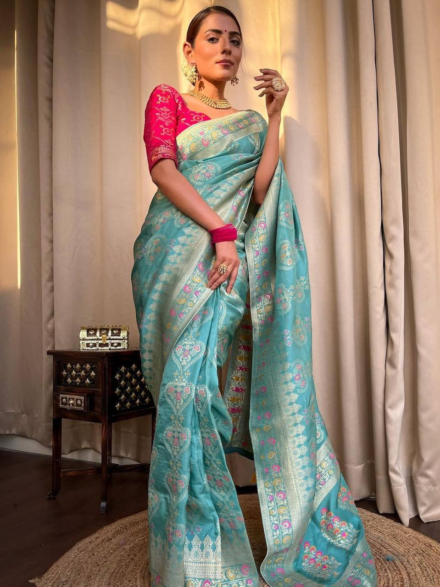 Stunning Sky Blue Color Banarasi Silk Saree