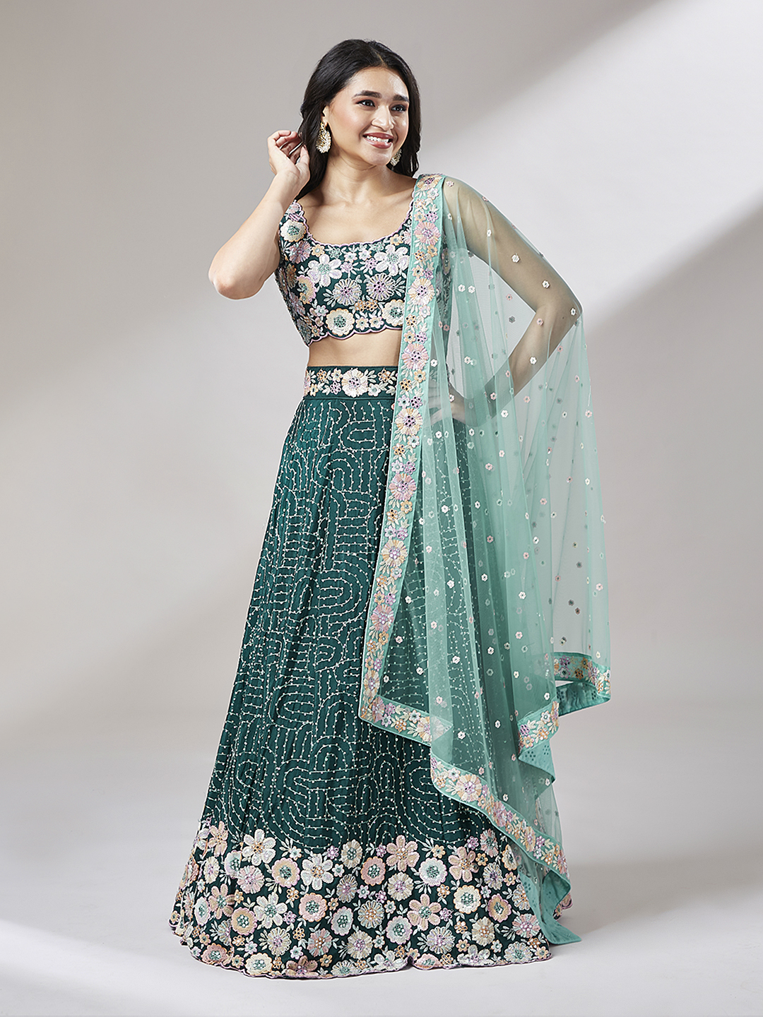 White Floral Pattern Georgette Lehenga Choli with Sequins, Thread, Beads  Work and Dupatta | Exotic India Art