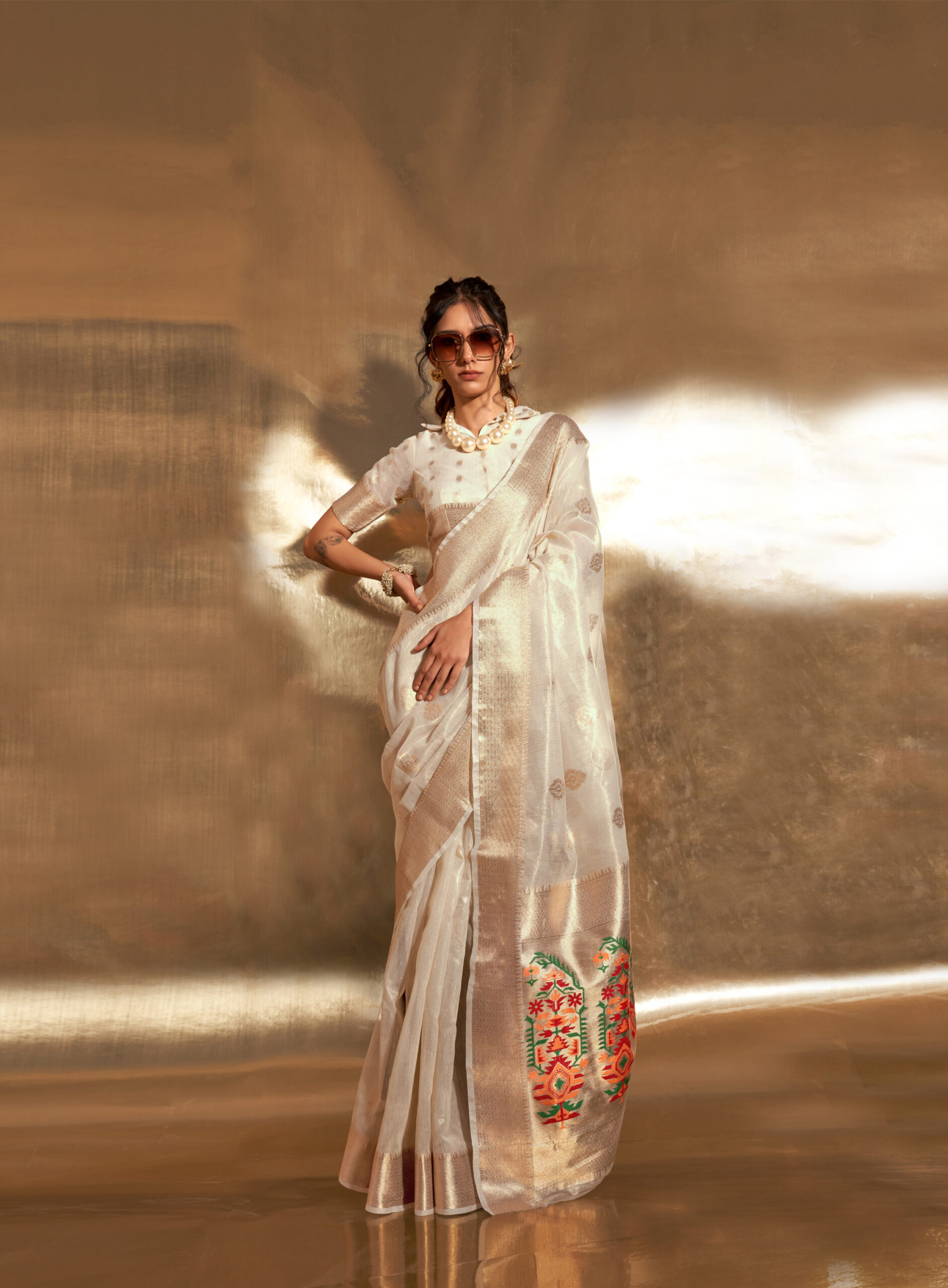 Ivory Old Benaras Saree With Blouse | Saree blouse designs, Organza saree,  Fashion