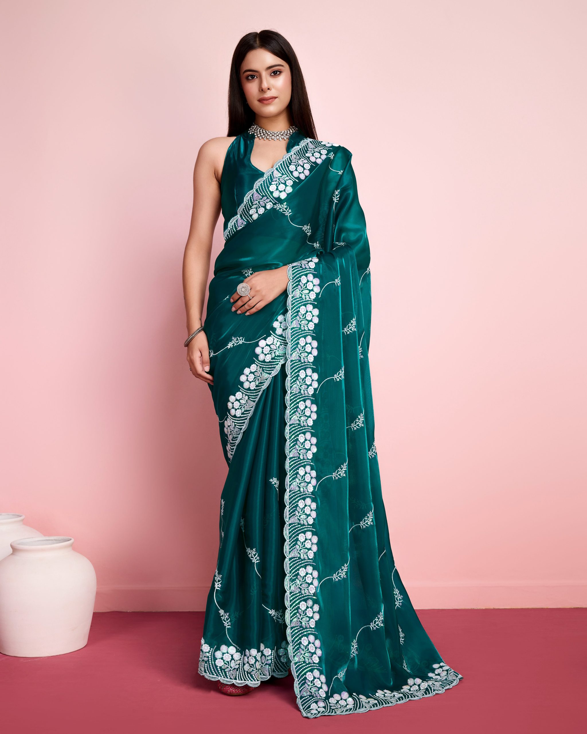 Dark Green Hand Embroidered Party Wear Saree Maharani