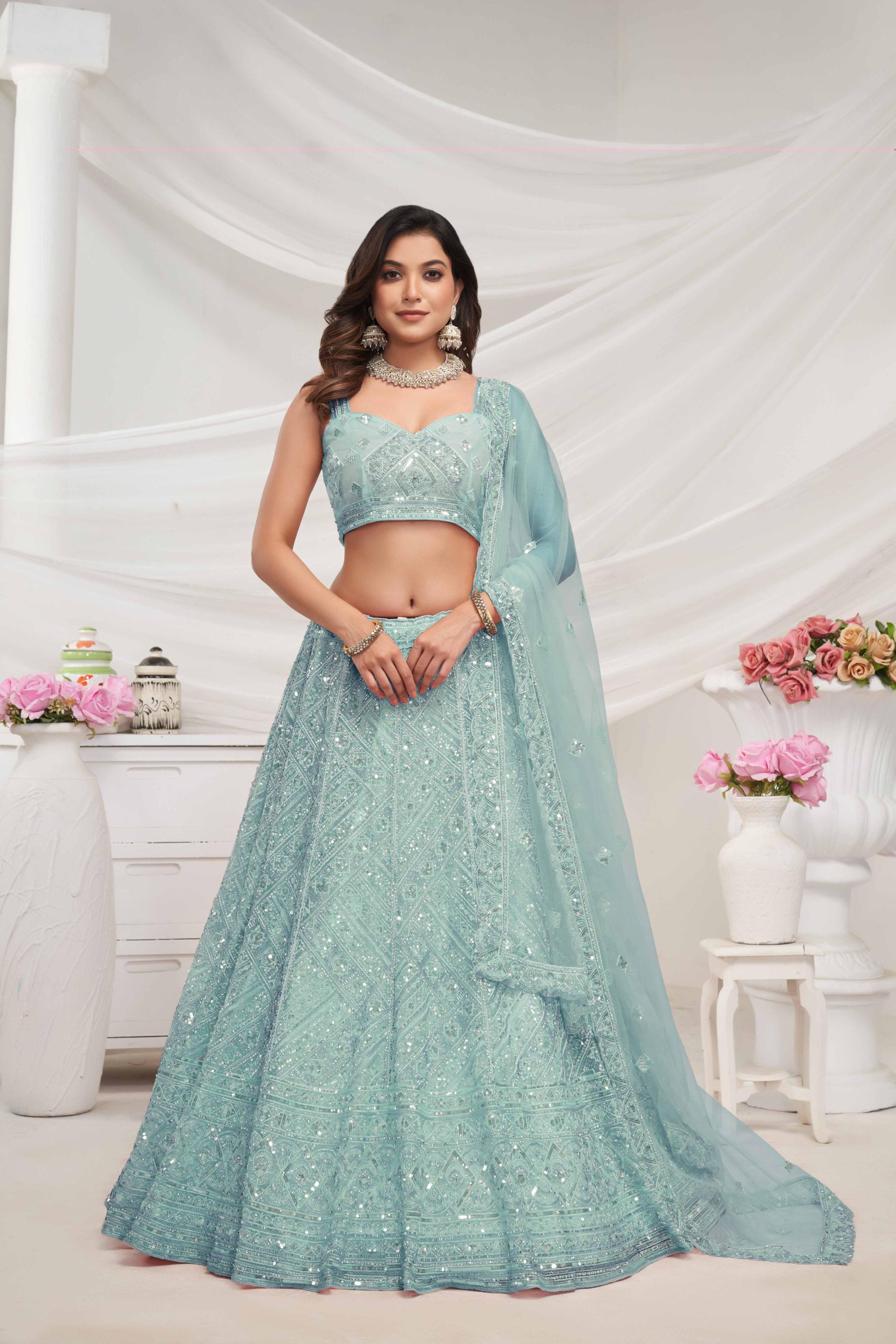 Light Blue Multi Heavy Embroidered Bridal Lehenga